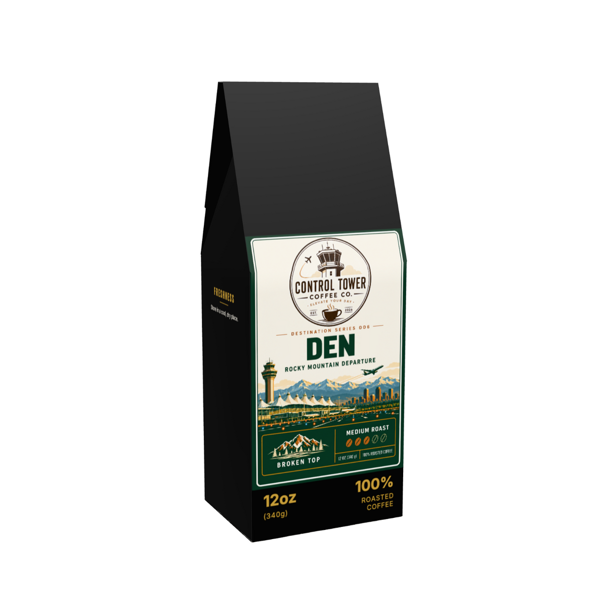 DEN Rocky Mountain Departure coffee, 12 oz bag, angled view