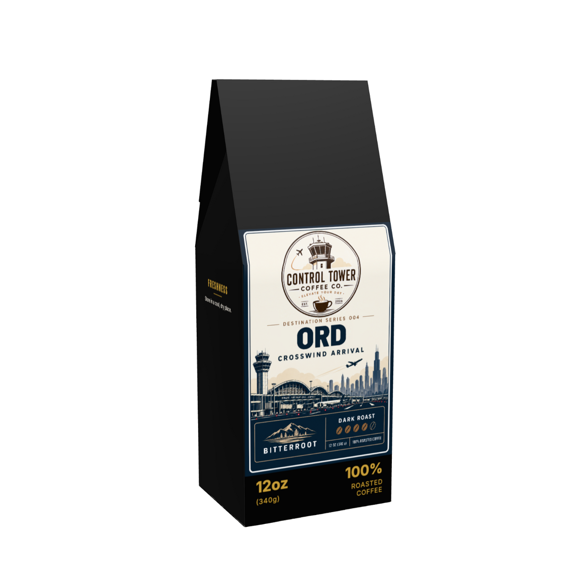 ORD Crosswind Arrival coffee, 12 oz bag, angled view