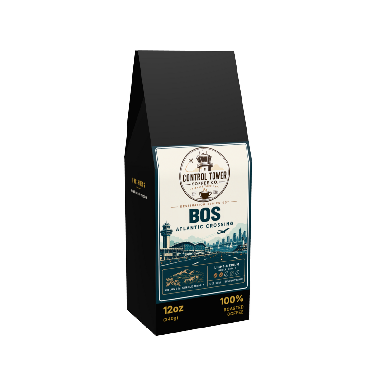 BOS Atlantic Crossing coffee, 12 oz bag, angled view