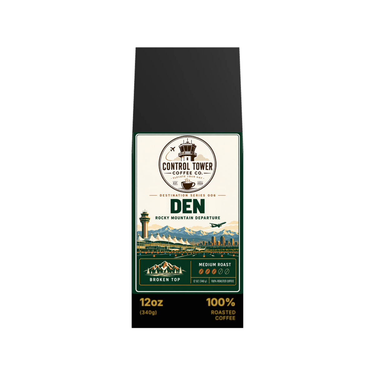 DEN Rocky Mountain Departure medium roast coffee, 12 oz bag, front view