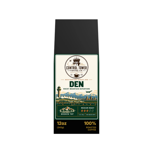 DEN Rocky Mountain Departure medium roast coffee, 12 oz bag, front view