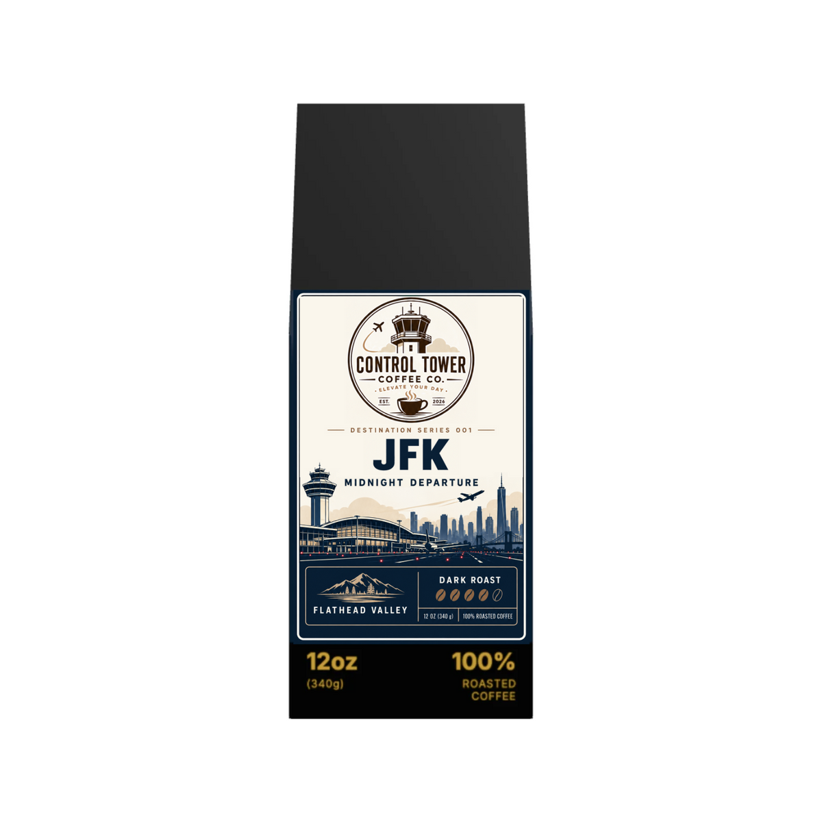 JFK Midnight Departure dark roast coffee, 12 oz bag, front view
