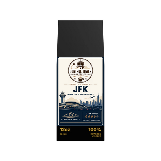 JFK Midnight Departure dark roast coffee, 12 oz bag, front view