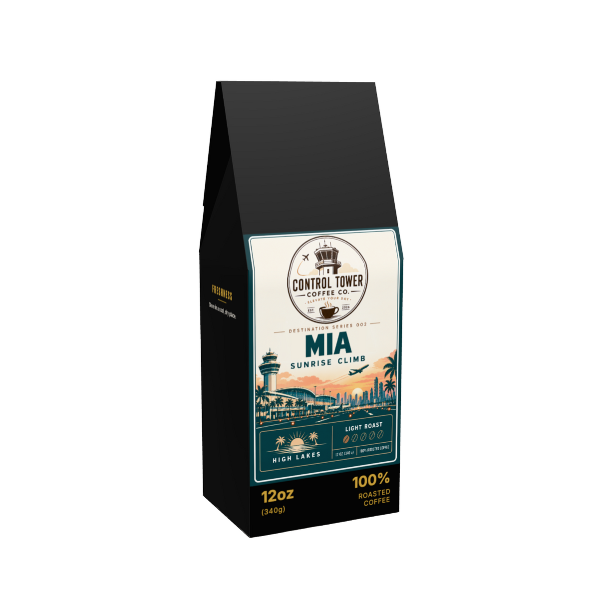 MIA Sunrise Climb coffee, 12 oz bag, angled view