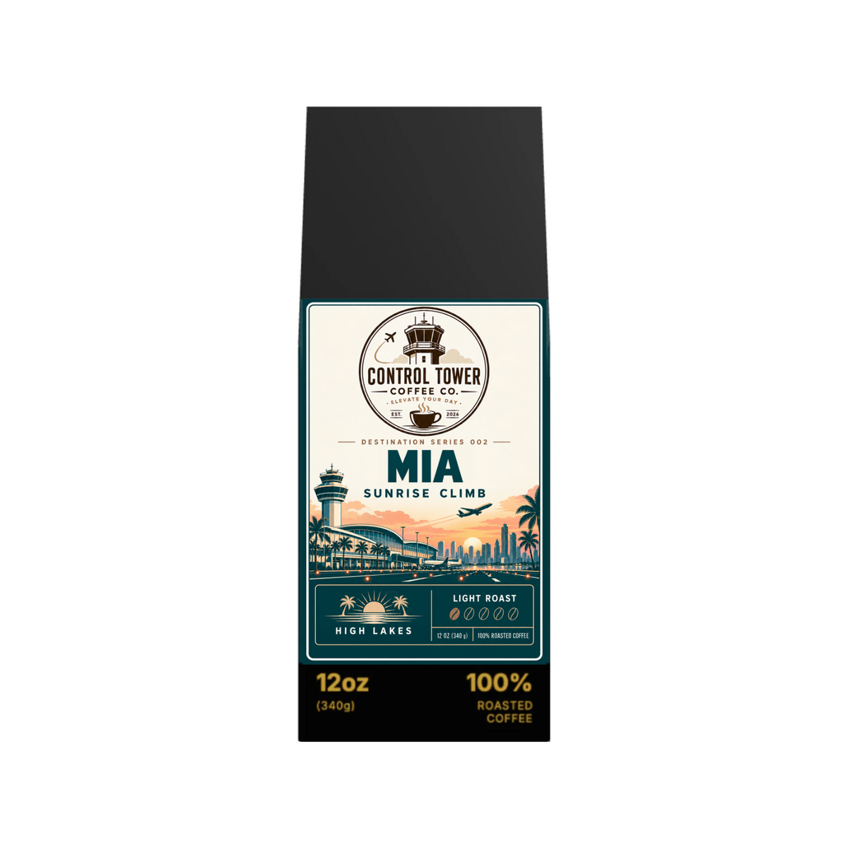 MIA Sunrise Climb light roast coffee, 12 oz bag, front view