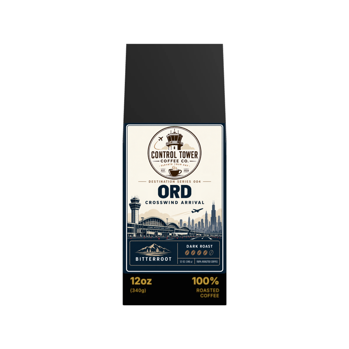 ORD Crosswind Arrival Dark Roast Coffee by Control Tower Coffee — bold Brazilian coffee with dark chocolate and toasty notes.
