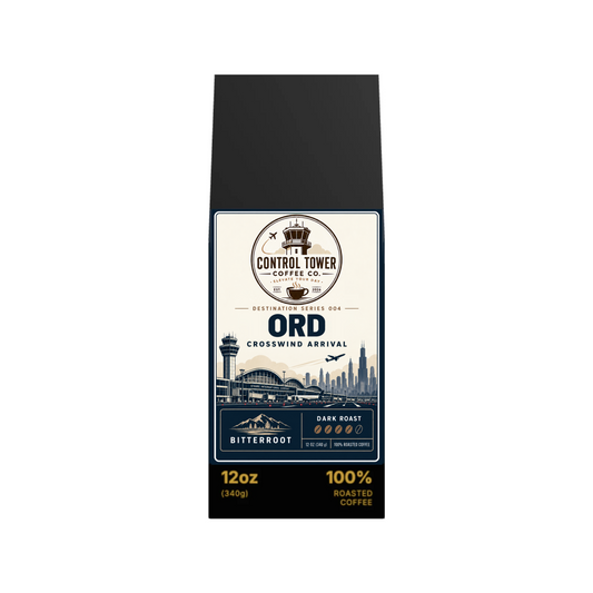 ORD Crosswind Arrival Dark Roast Coffee by Control Tower Coffee — bold Brazilian coffee with dark chocolate and toasty notes.
