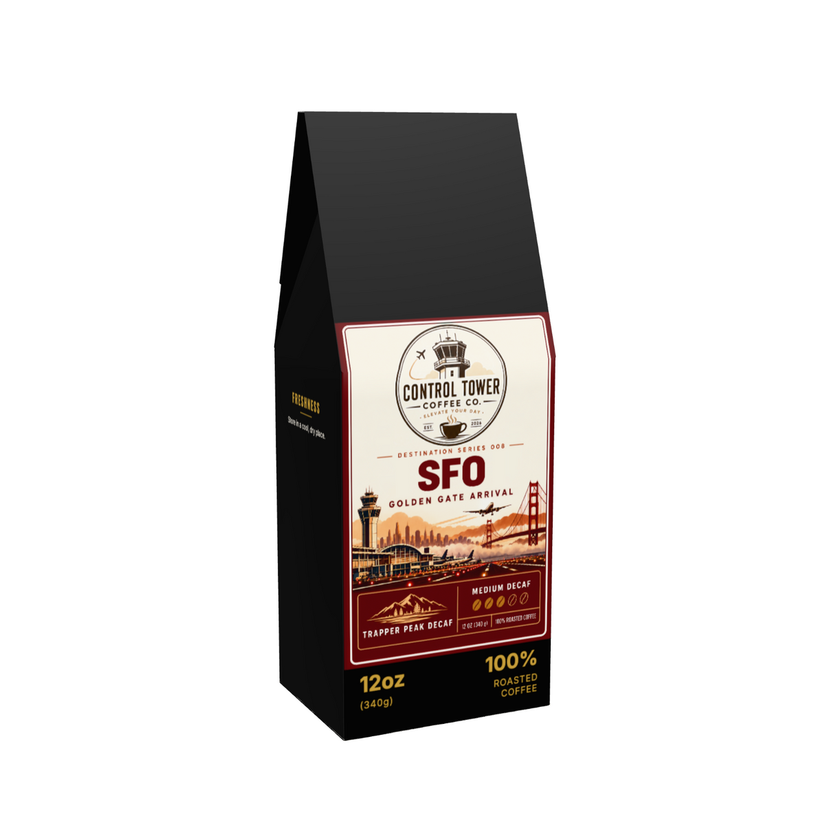 SFO Golden Gate Arrival decaf coffee, 12 oz bag, angled view