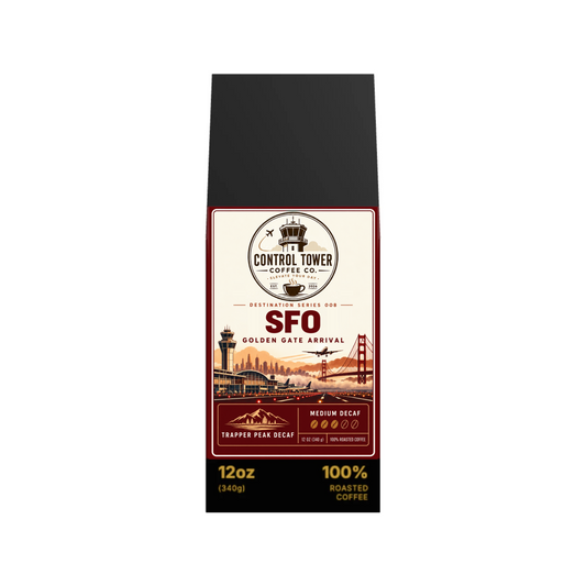 SFO Golden Gate Arrival medium decaf coffee, 12 oz bag, front view